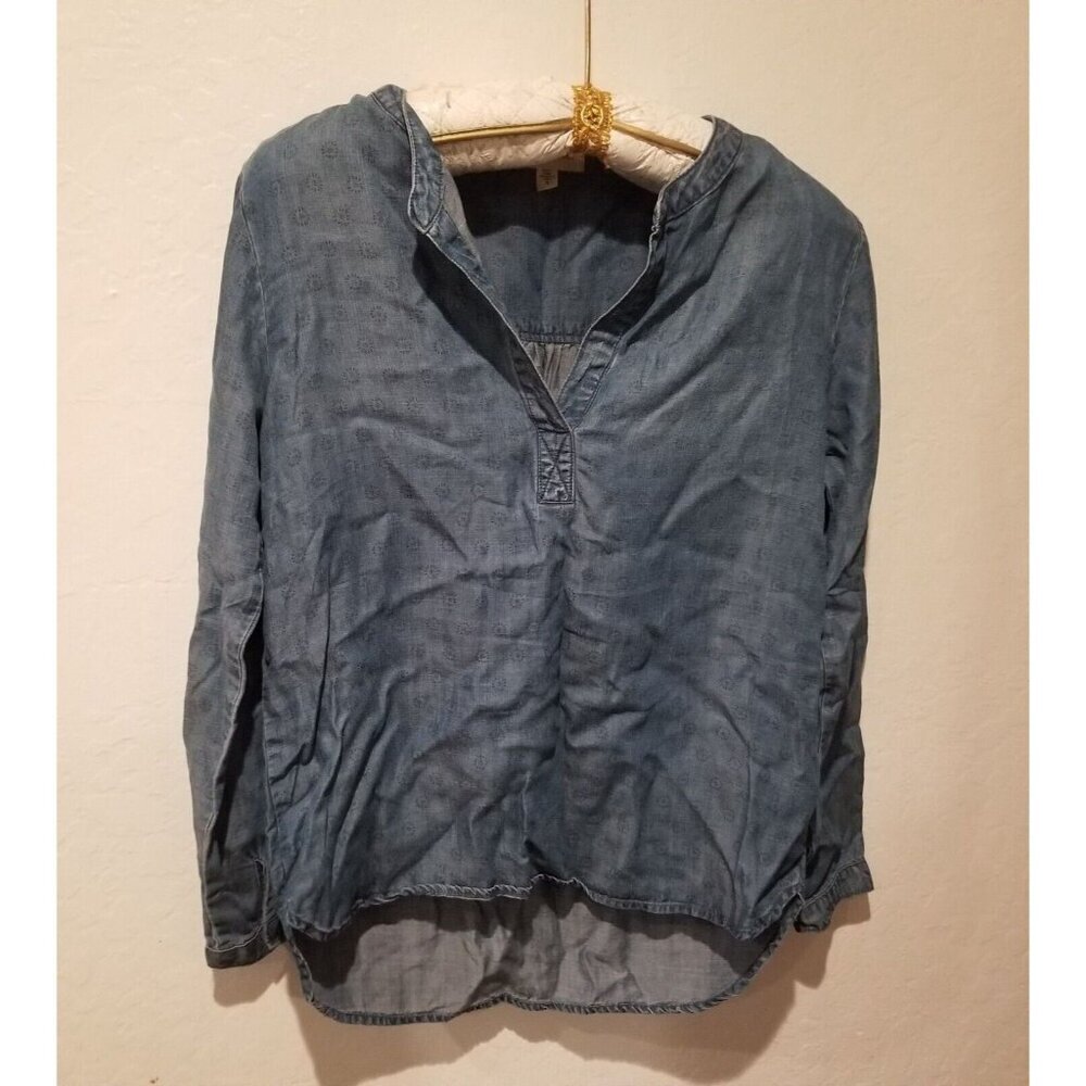 Anthropologie Cloth & Stone Printed Chambray Popover Top Long Sleeve Small Blue